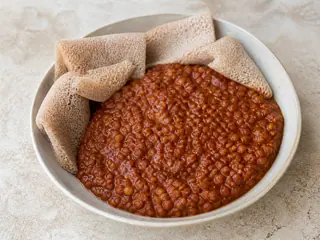 Ethiopian Misir Wot red lentil stew served with injera