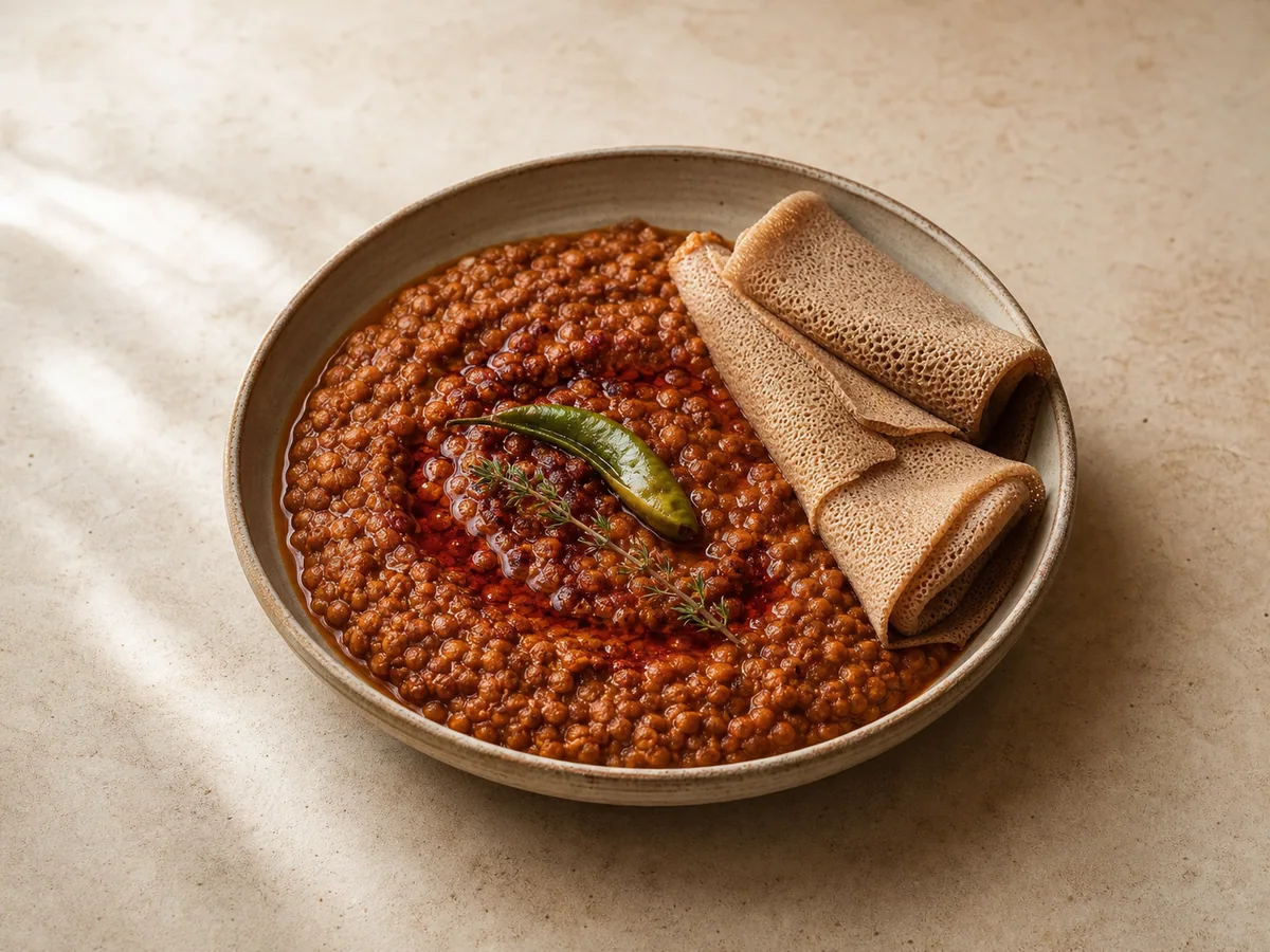 Ensopado etíope de lentilhas-vermelhas Misir Wot servido com injera