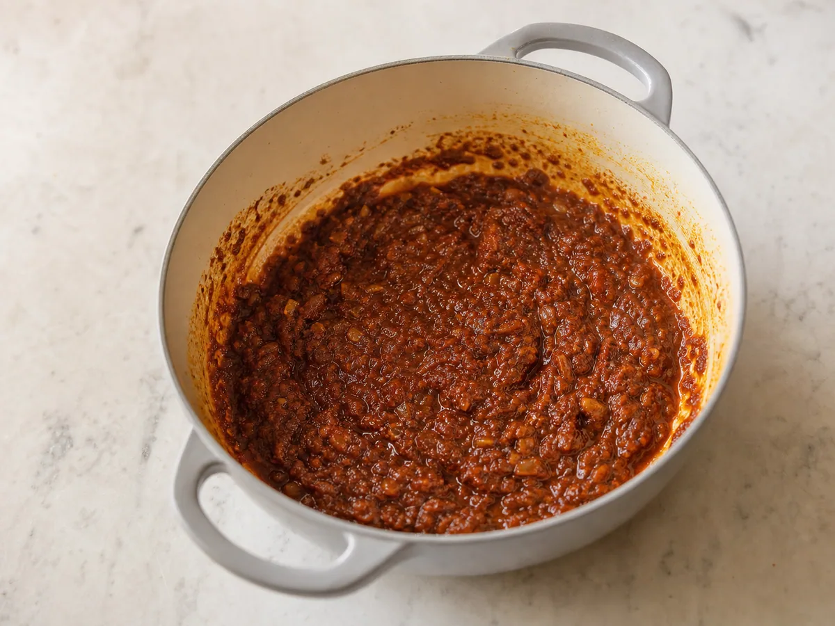 Base de cebolla con berbere y pasta de tomate, de color rojo ladrillo, para el Misir Wot etíope