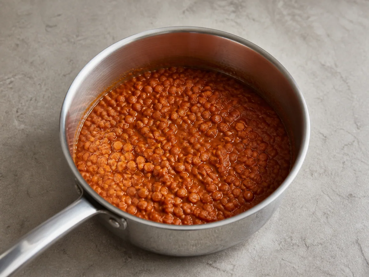 Lentejas rojas deshechas en la etapa espesa y fácil de comer con cuchara del Misir Wot etíope