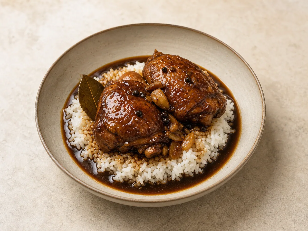 Filipino chicken adobo with glossy sauce served over white rice
