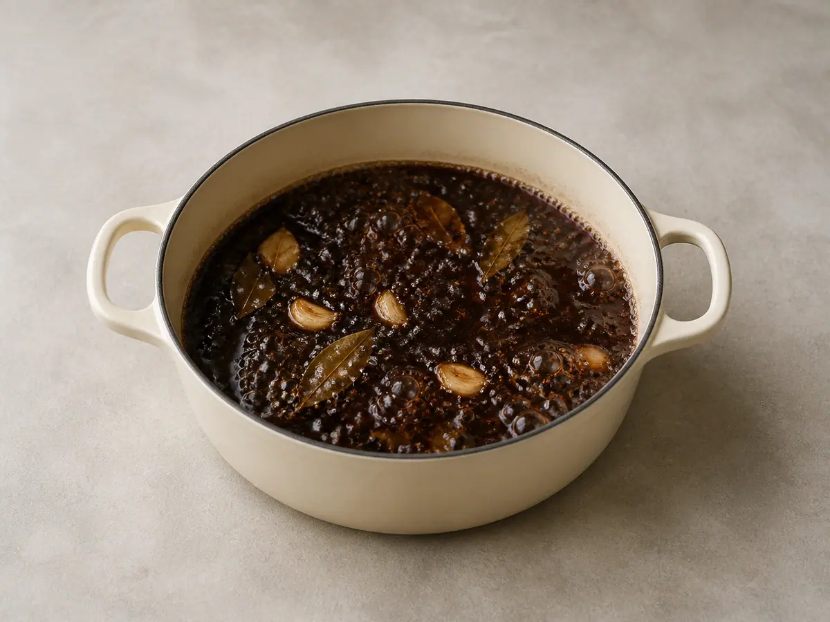 Adobo vinegar and soy braising liquid boiling with garlic bay leaves and peppercorns