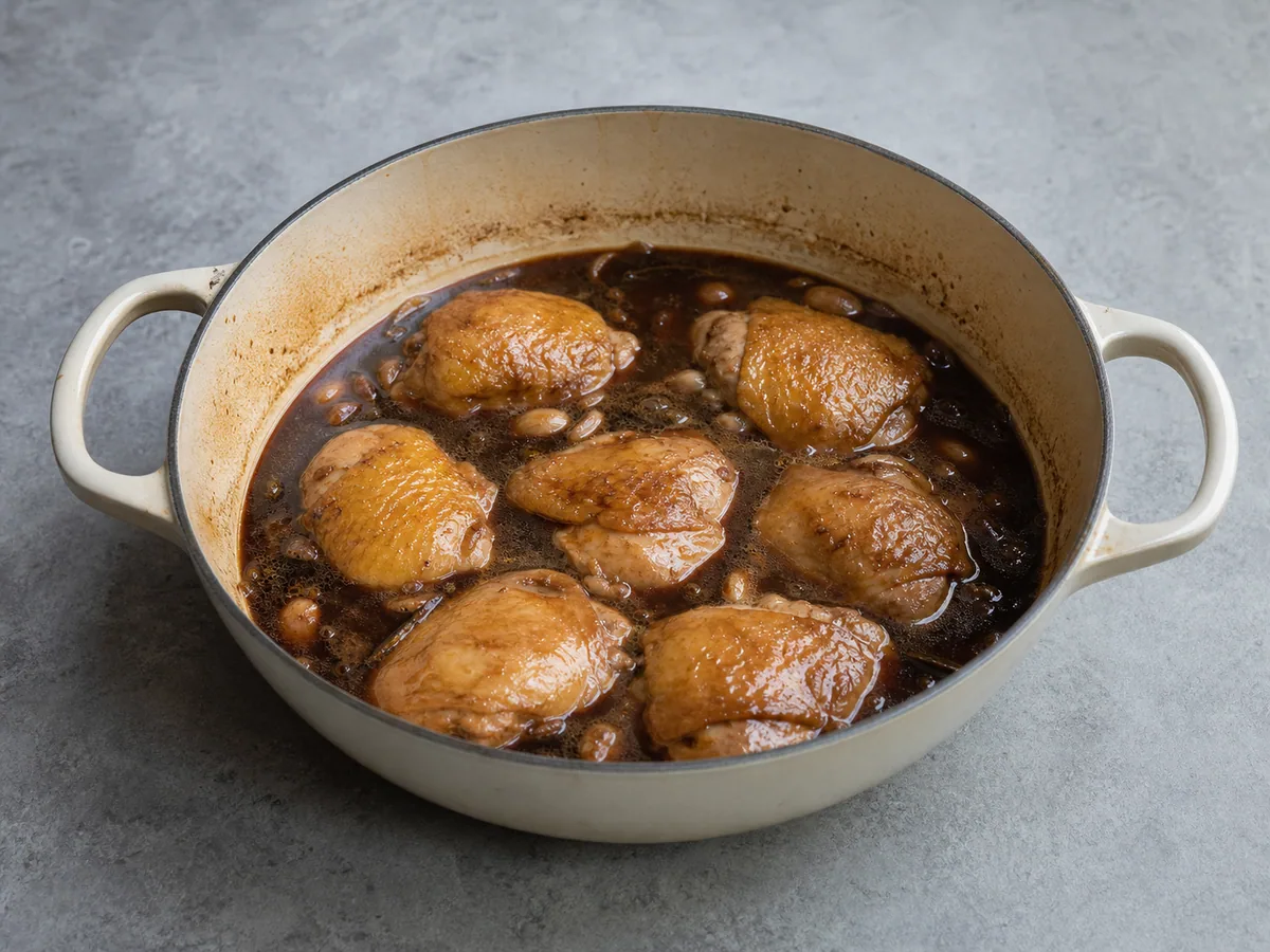 Muslos de pollo adobo filipino completamente cocidos en el líquido de estofado tras alcanzar 74&deg;C/165&deg;F