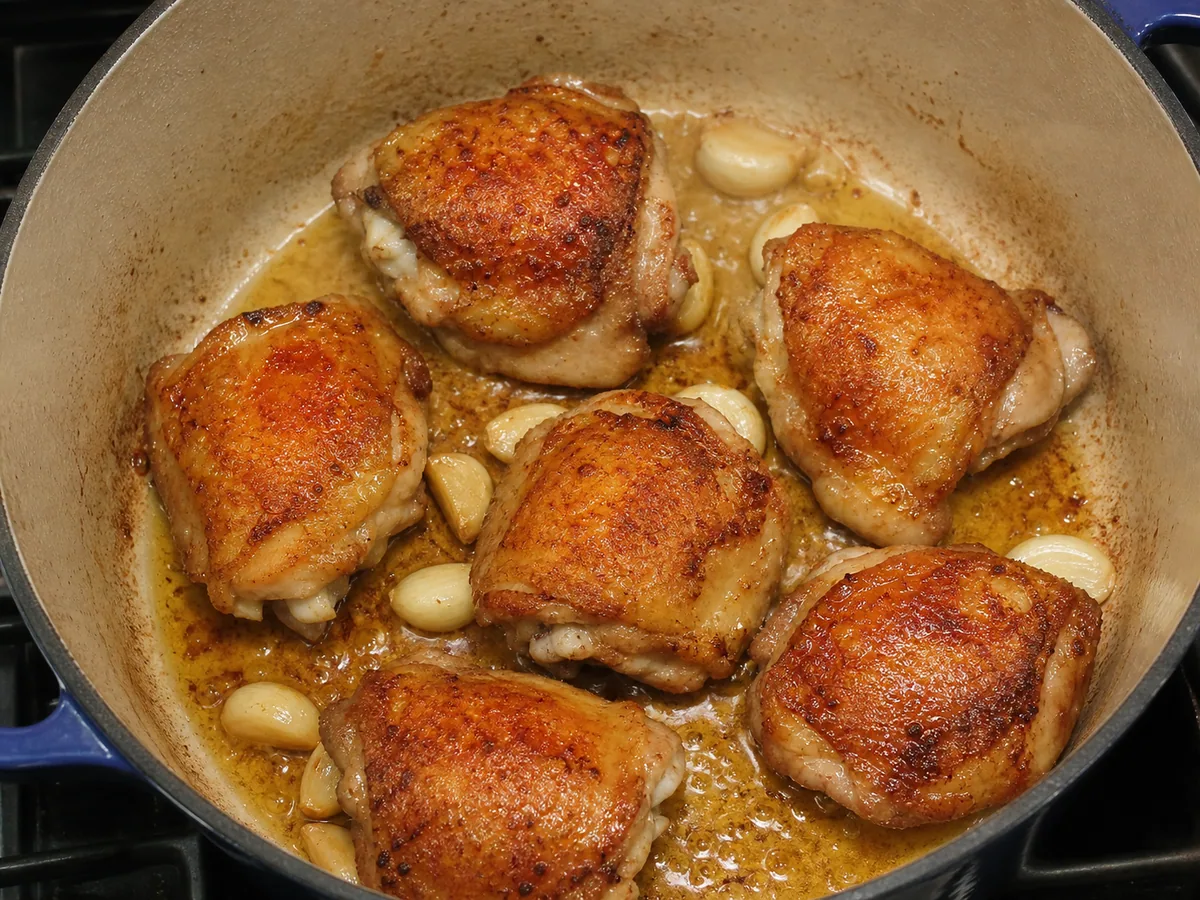 Frango adobo filipino: doure o frango e o alho