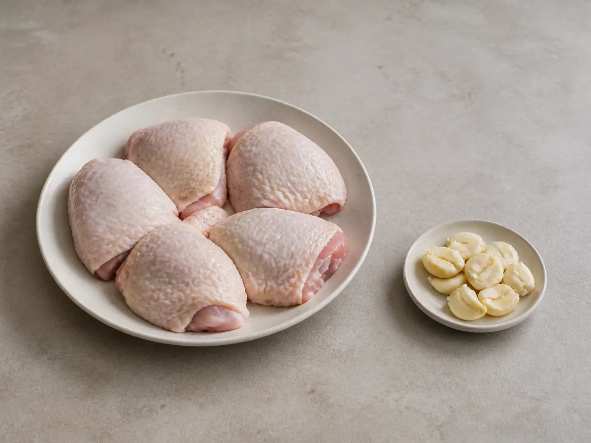 Raw chicken thighs and crushed garlic prepared for Filipino chicken adobo