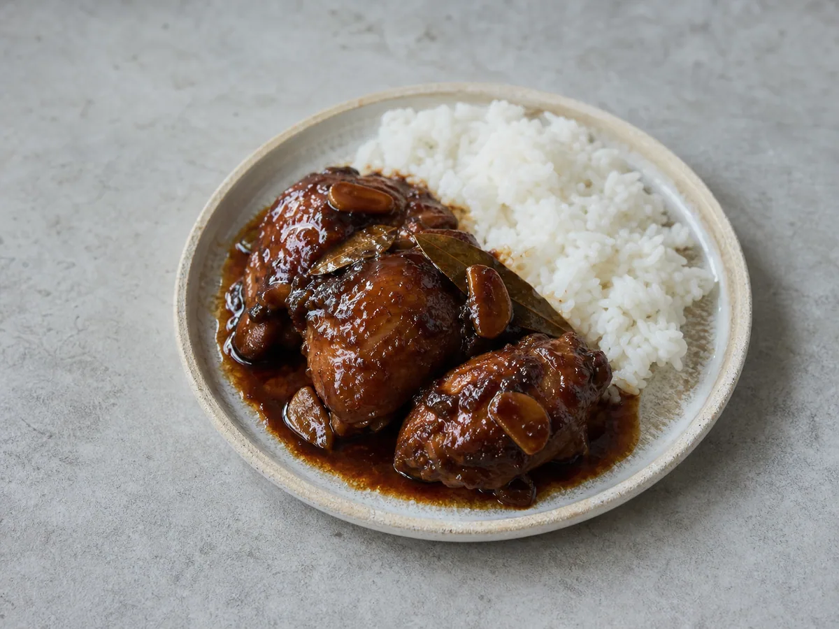Adobo de pollo filipino completamente cocido, cubierto con salsa reducida y brillante antes de servir