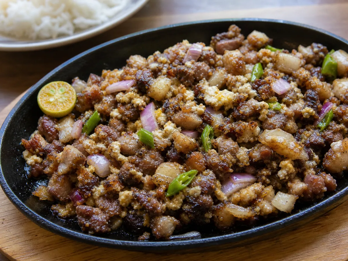 Sizzling skillet of crispy pork sisig with fully cooked egg, onions, chiles, and calamansi