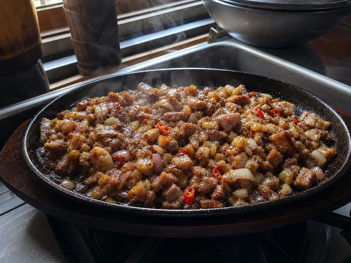 Crisp pork coated with calamansi seasoning, softened red onion, garlic, and red chile before the egg is added