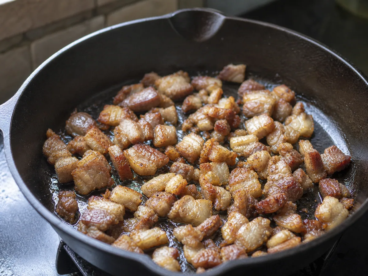 Fully cooked chopped pork shoulder and pork belly crisping to deep golden edges in a cast-iron skillet