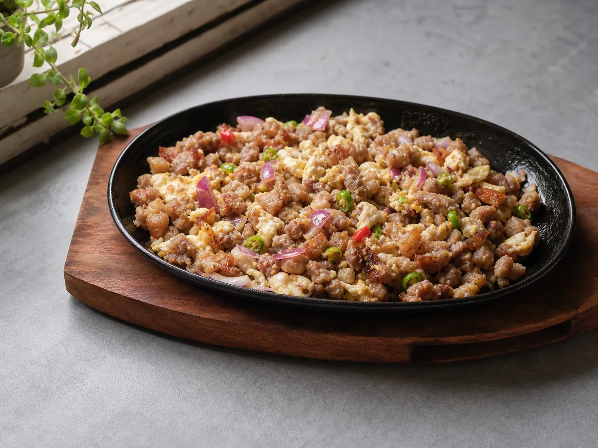 Finished pork sisig with egg fully set around crisp pork, onion, and red chiles in a cast-iron skillet