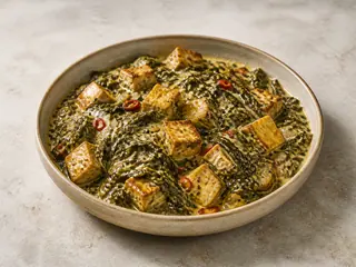 Tazón de laing filipino con hojas de taro verde oscuro y tofu dorado