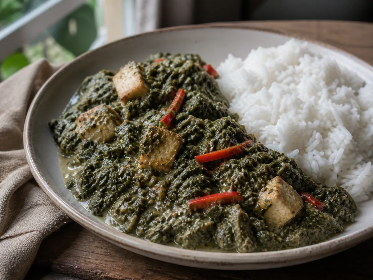Bowl of Filipino laing with dark green taro leaves and golden tofu
