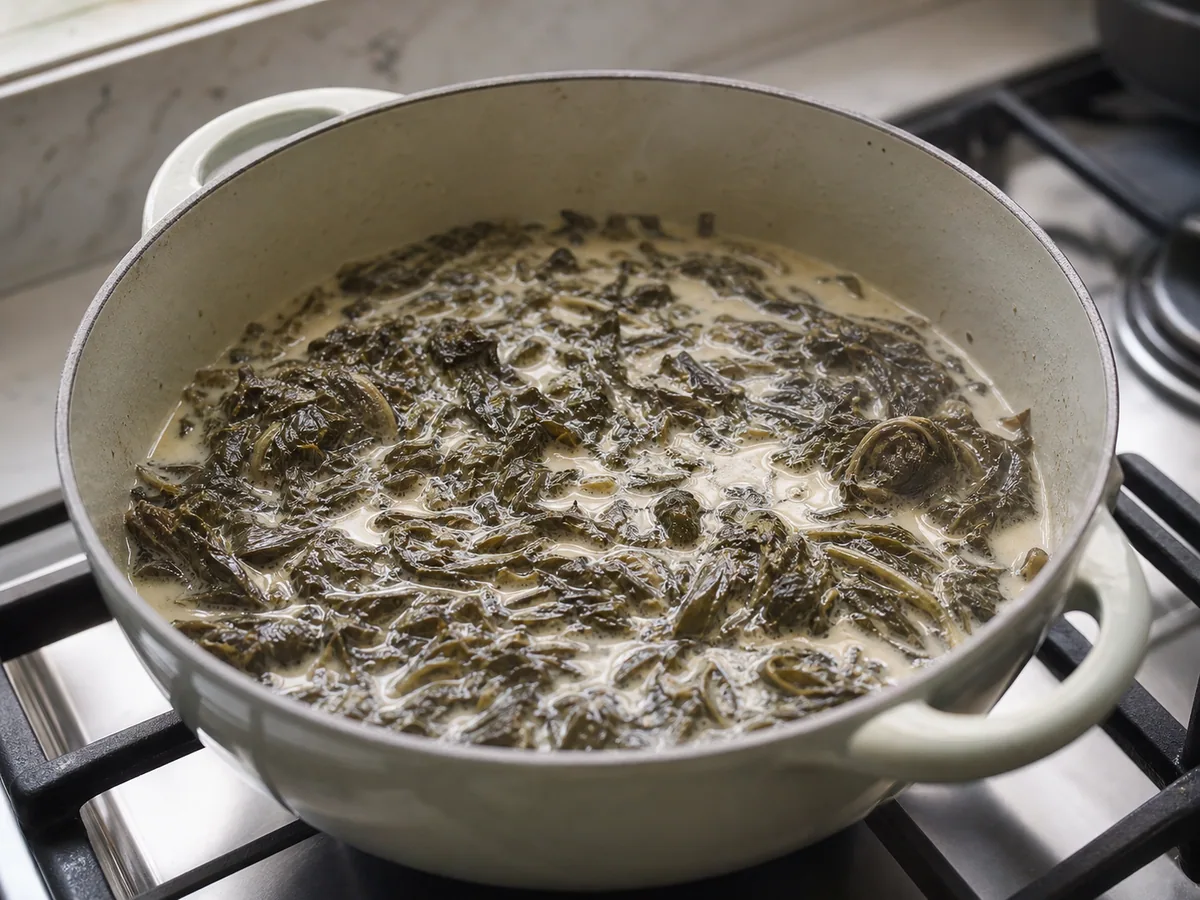 Folhas de taro totalmente macias cozinhando em molho de coco antes da adição do tofu