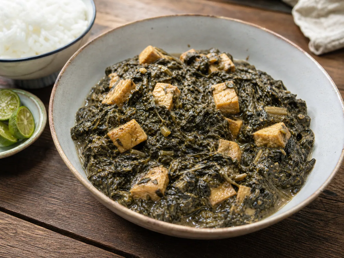 Laing filipino pronto, espesso ao redor das folhas macias e do tofu dourado na panela