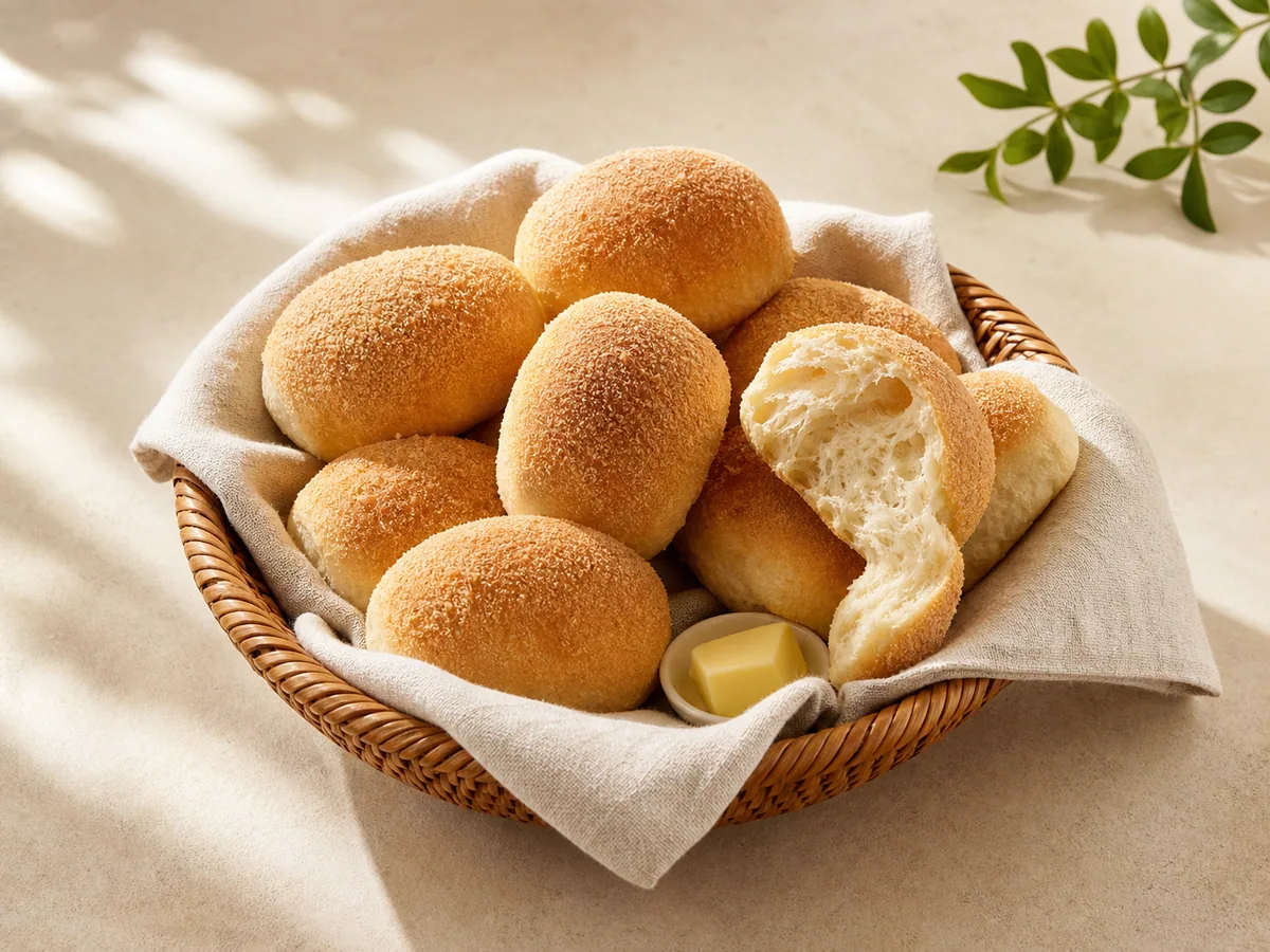 Cesta de pãezinhos pandesal filipinos dourados, com um deles aberto ao meio
