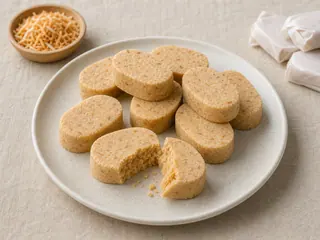 Polvorón ovalado de leche de coco tostado, con motas doradas de coco y una pieza partida