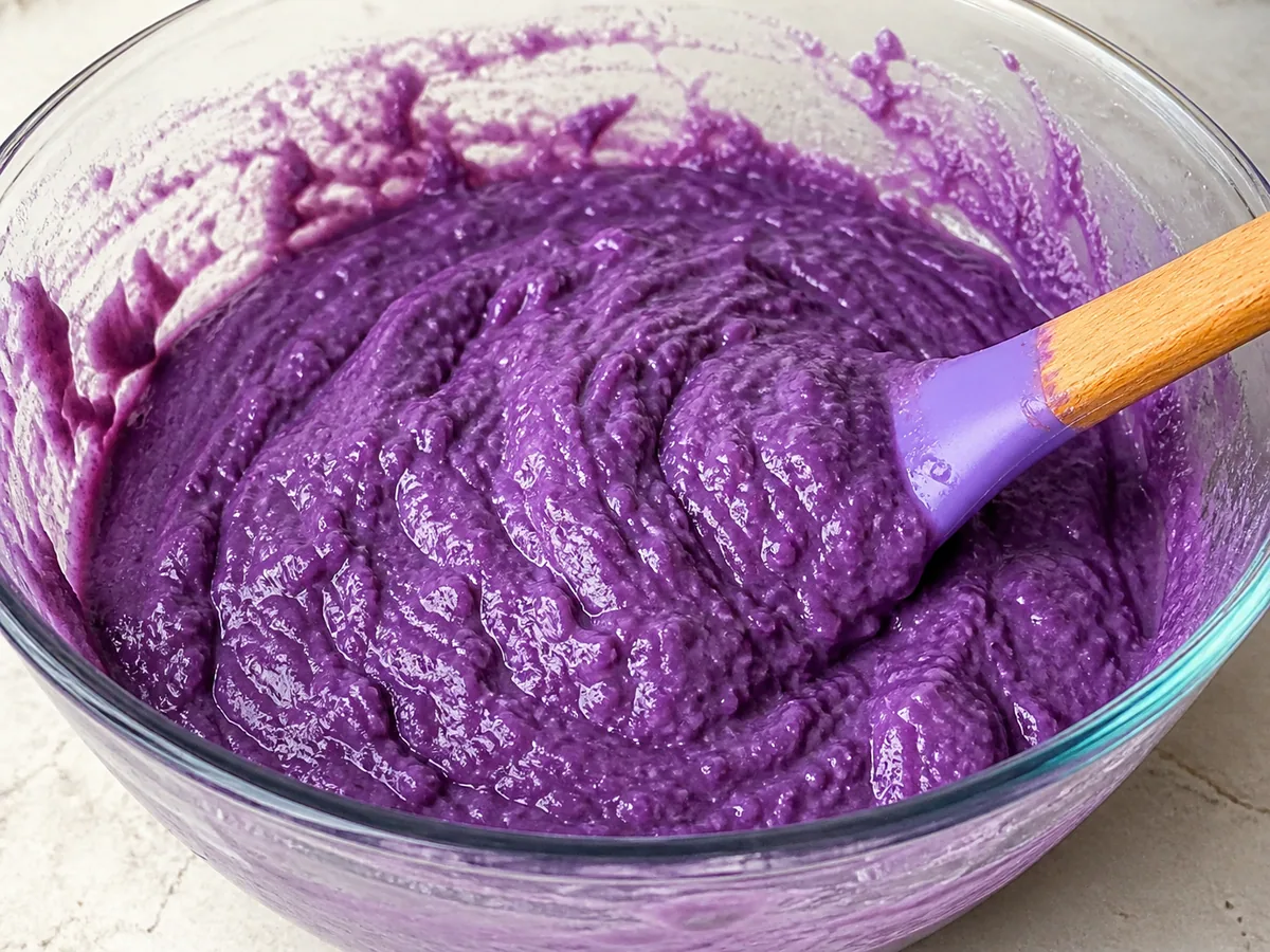 Pastel filipino de yuca y ube: mezcla la masa de yuca y ube