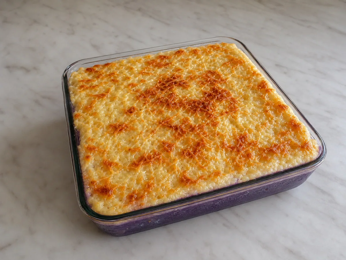 Bolo de meioca e ube completamente assado, com creme de coco firme e cobertura de queijo levemente dourada