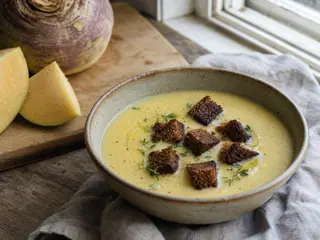 Sopa cremosa de colinabo asado con picatostes de centeno oscuro y cebollín