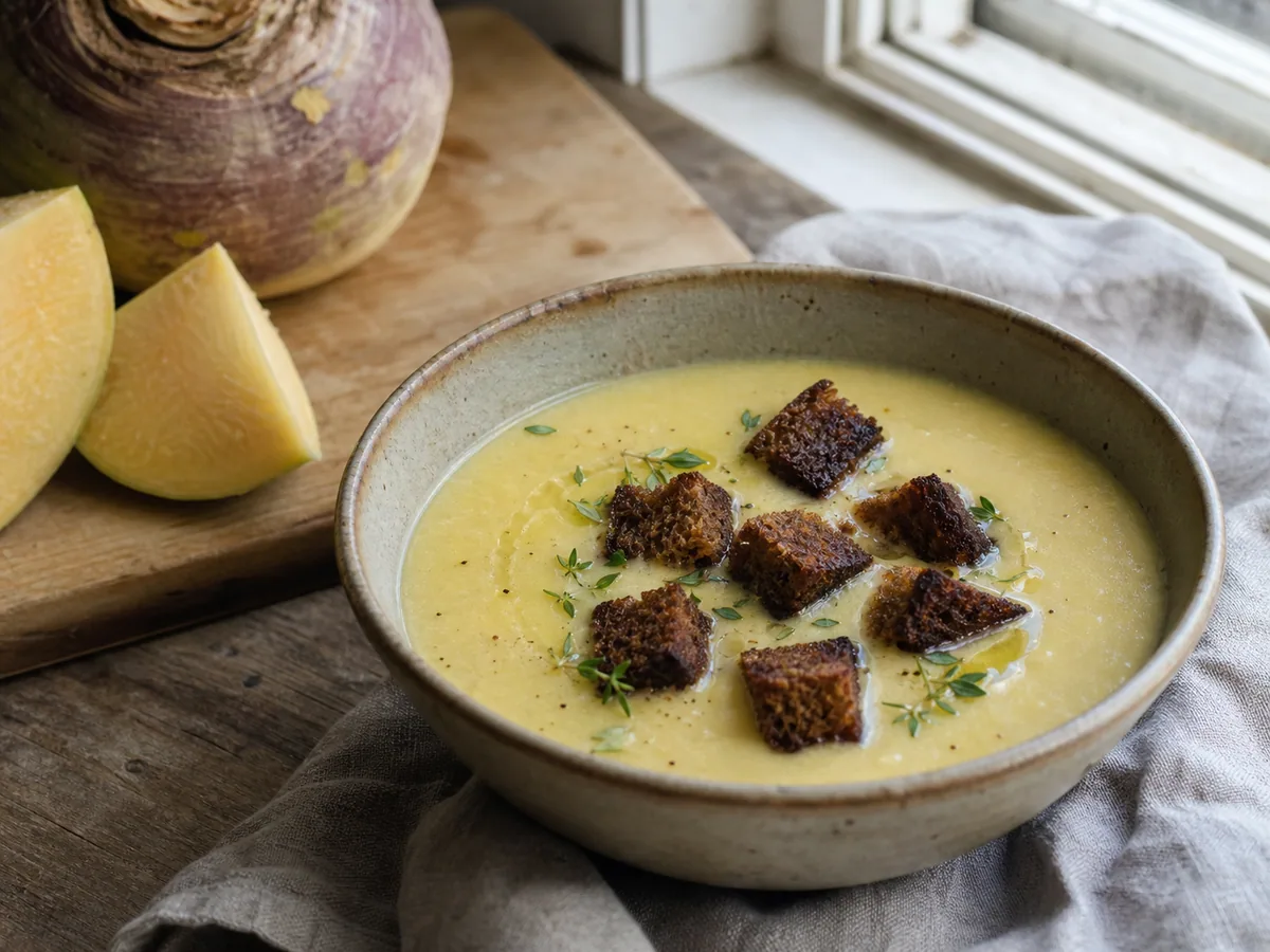 Creamy roasted rutabaga soup topped with dark rye croutons and chives