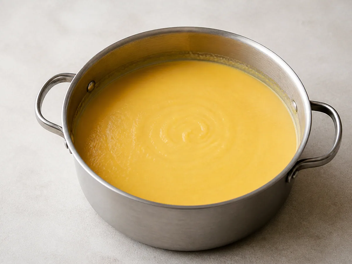 Sopa lisa de nabo-sueco, dourada e clara, depois de batida com creme