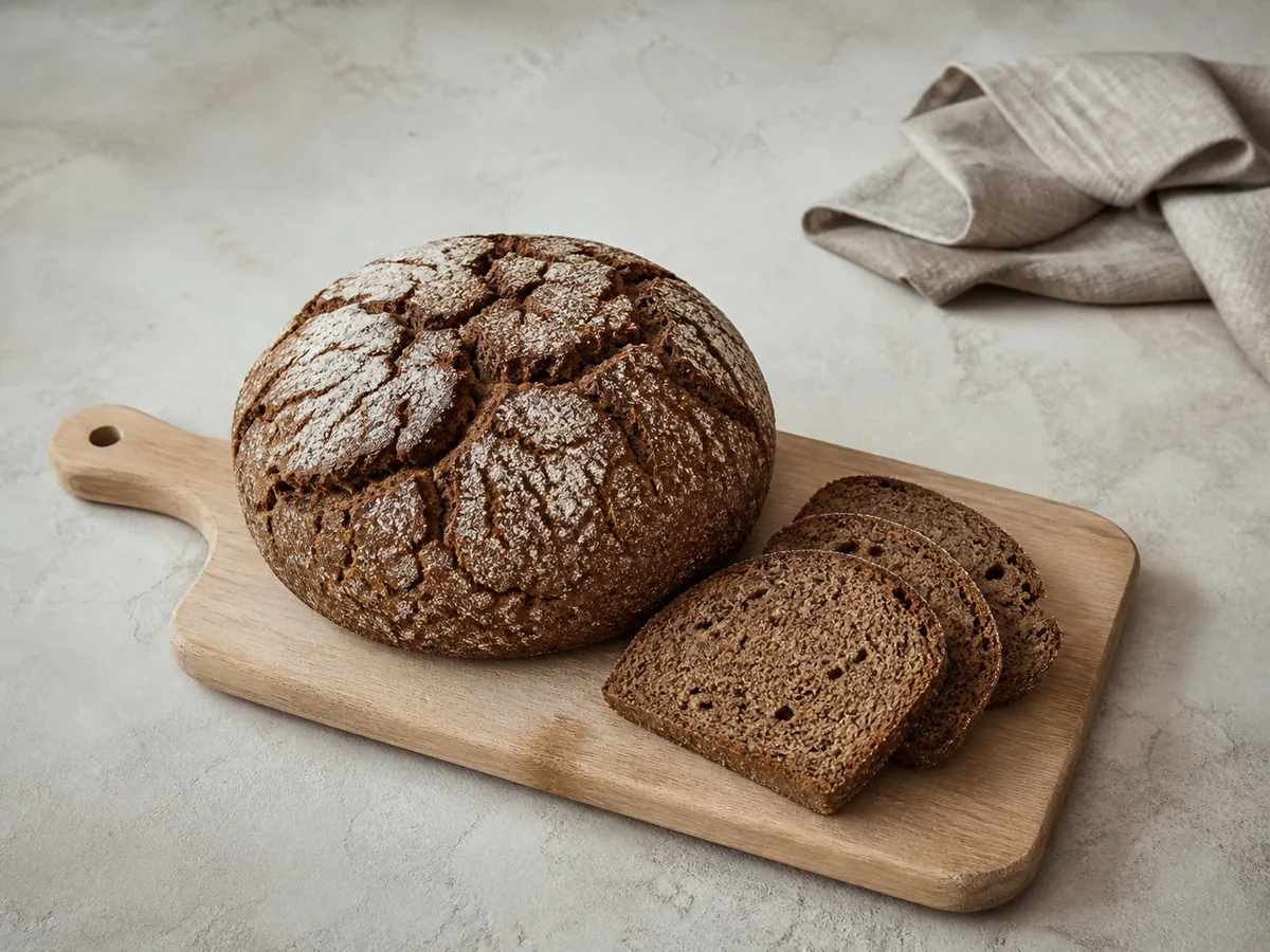 Round Finnish rye bread with a dark crackled crust and several slices showing the dense crumb