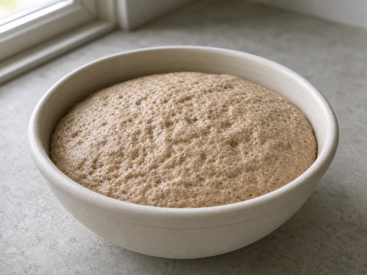 Massa de centeio finleês fermentada, crescida um terço, com bolhas e rachaduras finas na superfície