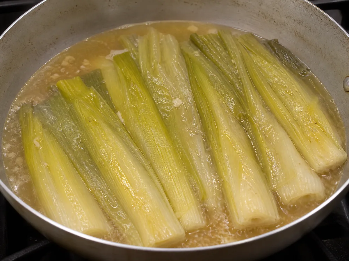 French Braised Leeks with Mustard Vinaigrette: Brown and braise the leeks