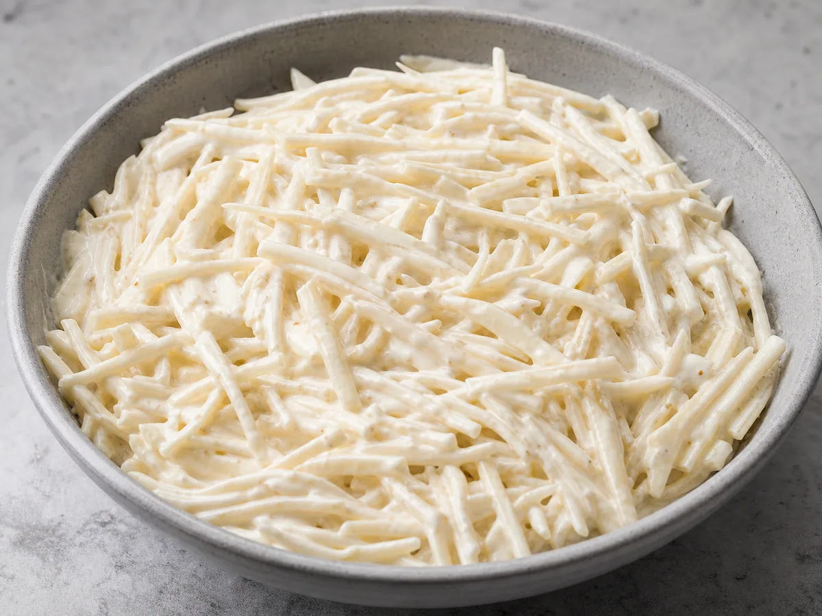 Celeriac matchsticks evenly coated in yogurt remoulade dressing after standing