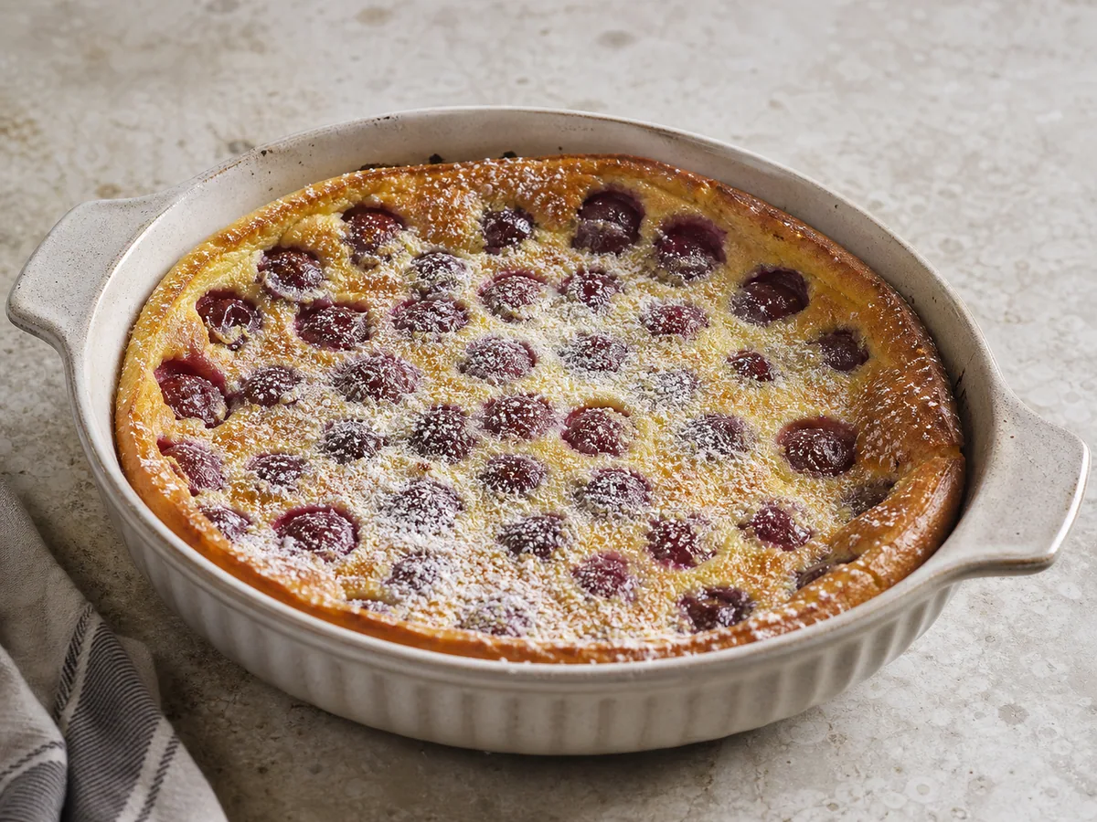 Clafoutis francés dorado de cerezas espolvoreado con azúcar glas en una fuente de cerámica