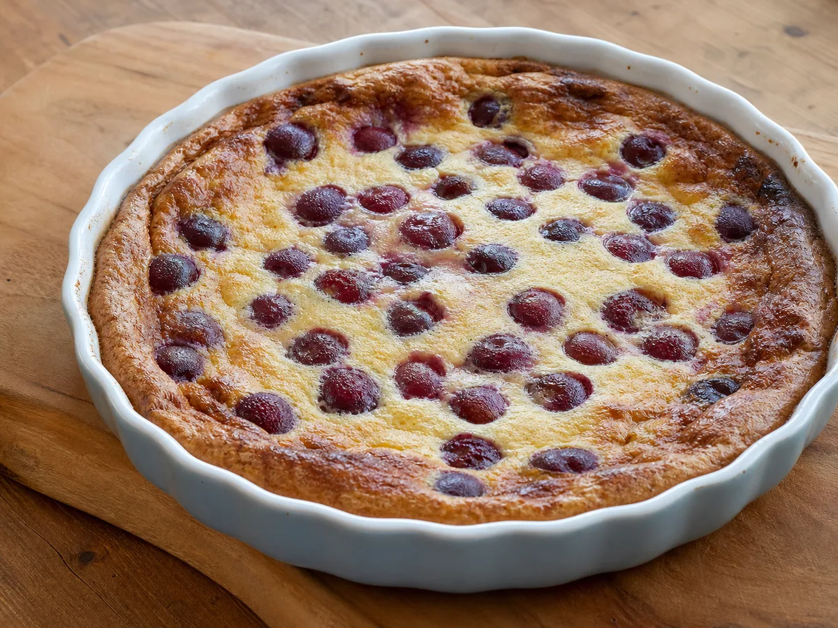 Clafoutis francés de cerezas recién salido del horno, con bordes altos y dorados y un centro completamente cuajado