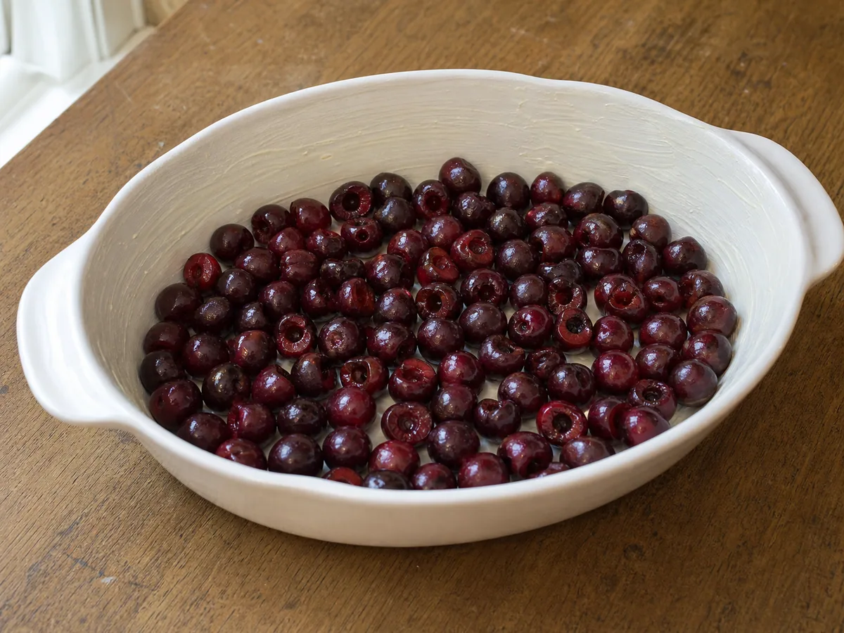 Cerezas dulces sin hueso dispuestas en una capa compacta en una fuente de cerámica untada con mantequilla y azúcar
