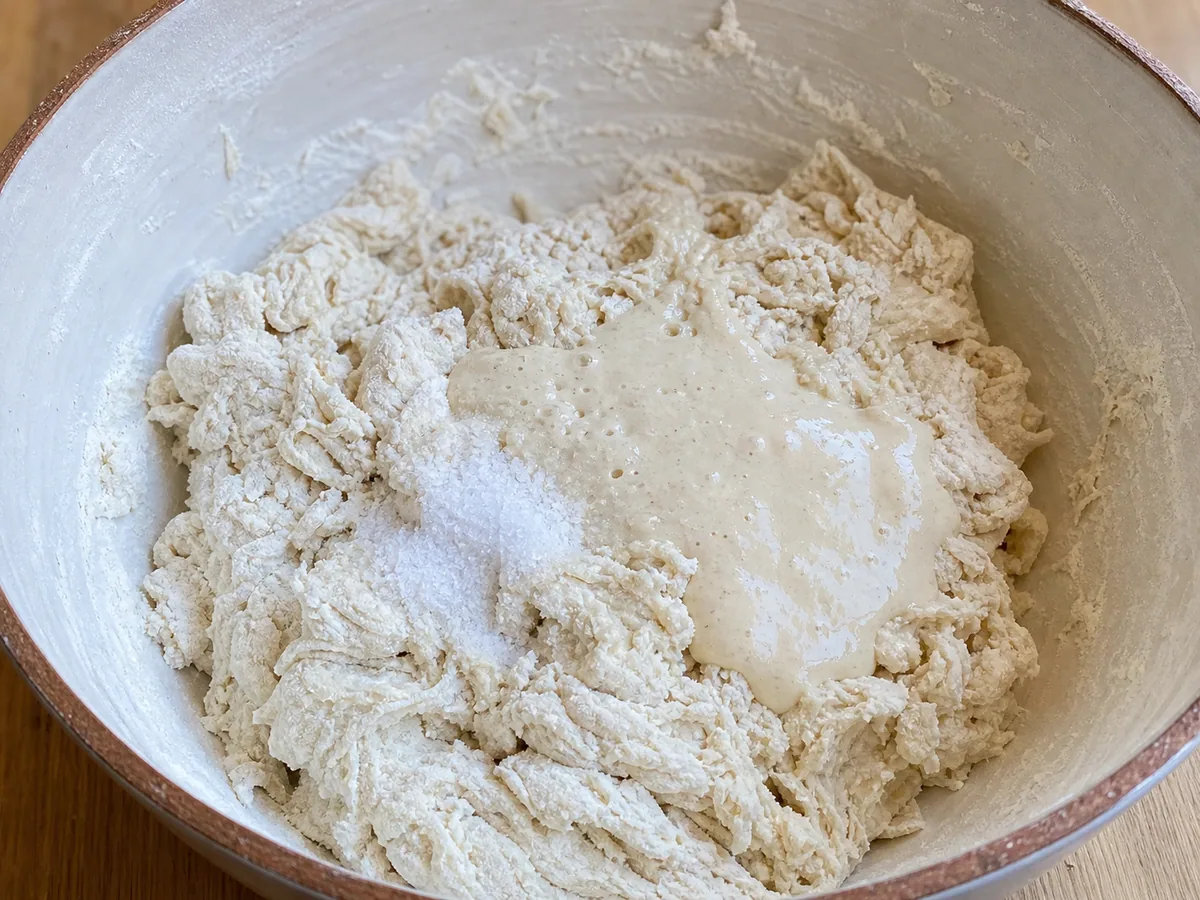 Pão rústico francês de fermentação natural: acrescente o levain e o sal