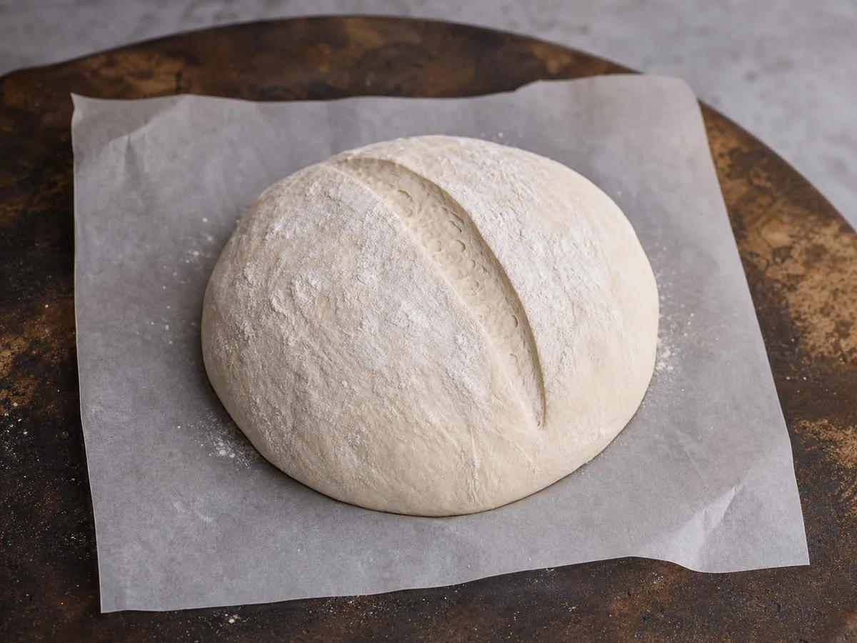 Pão rústico francês de fermentação natural: preaqueça e faça o corte no pão