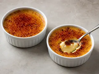 Ramequines bajos de crème brûlée francesa con cubiertas brillantes de azúcar caramelizada