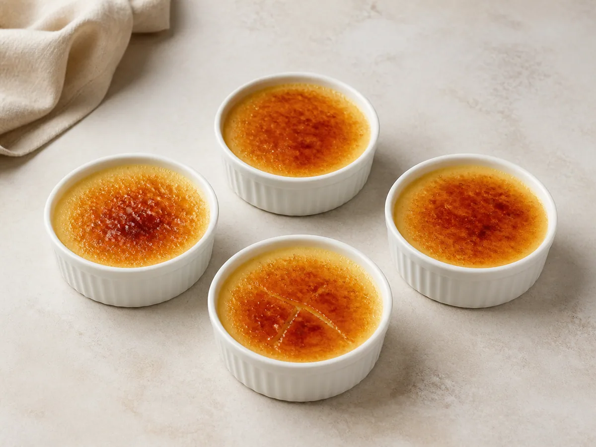 Ramequins rasos de crème brûlée francesa com coberturas brilhantes de açúcar caramelizado