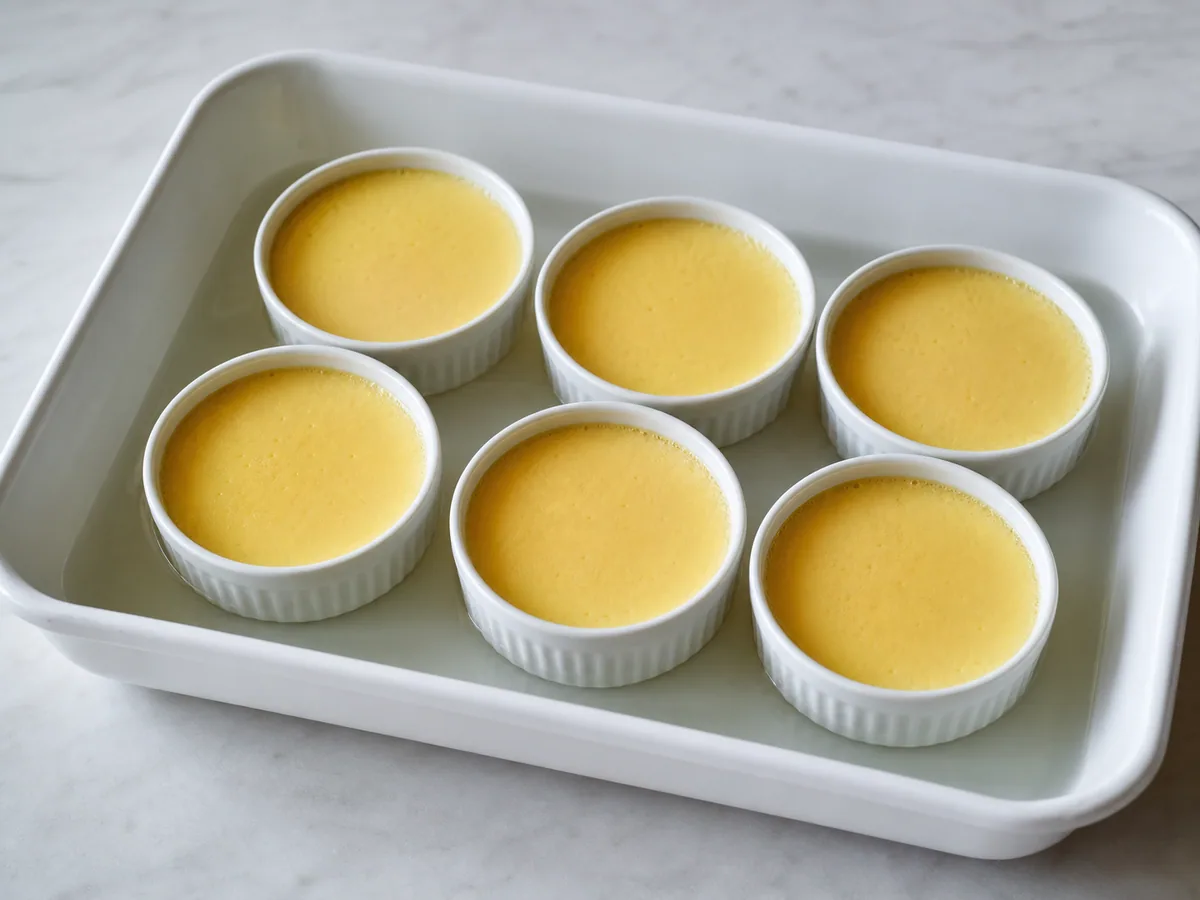 Cremes de crème brûlée francesa assados com segurança, bordas firmes e centros tremendo suavemente
