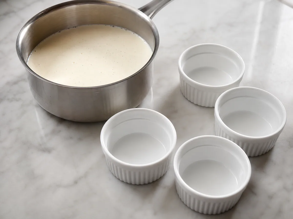 Creme de crème brûlée francesa soltando vapor com pequenas bolhas na borda da panela