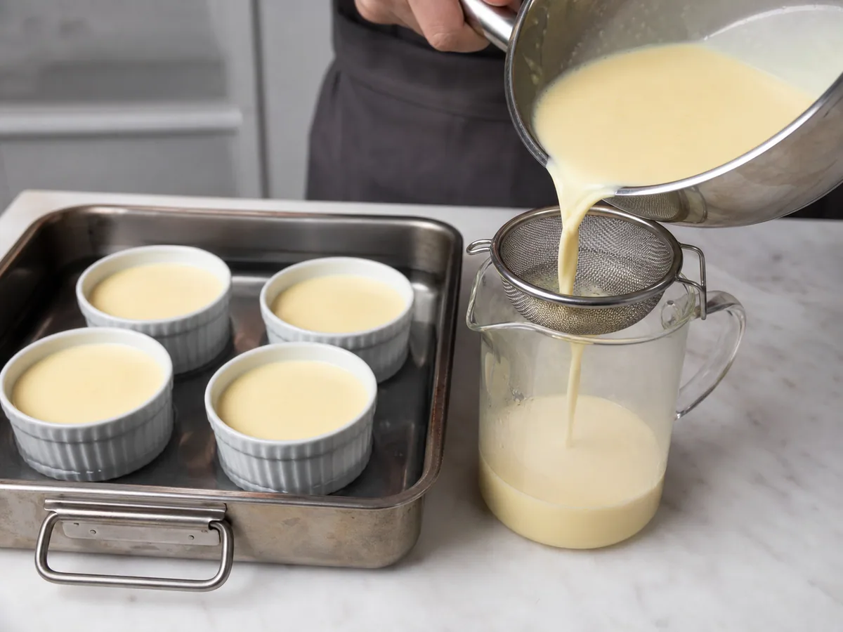 French Crème Brûlée: Temper, strain, and portion the custard
