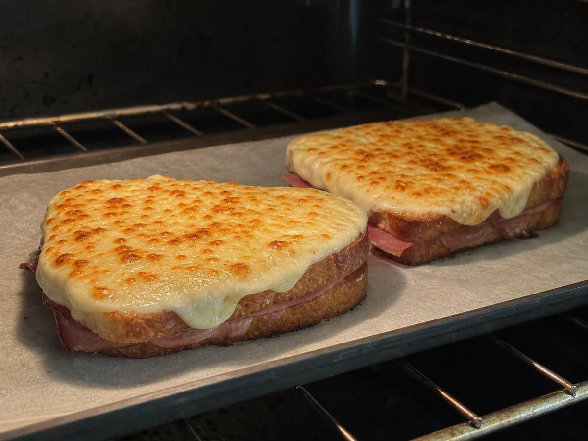 Croque madame sandwiches with bubbling béchamel and browned Gruyère after broiling