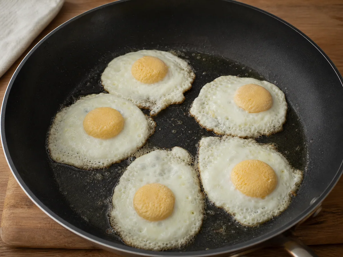 Fully cooked eggs with opaque whites and firm yolks for croque madame