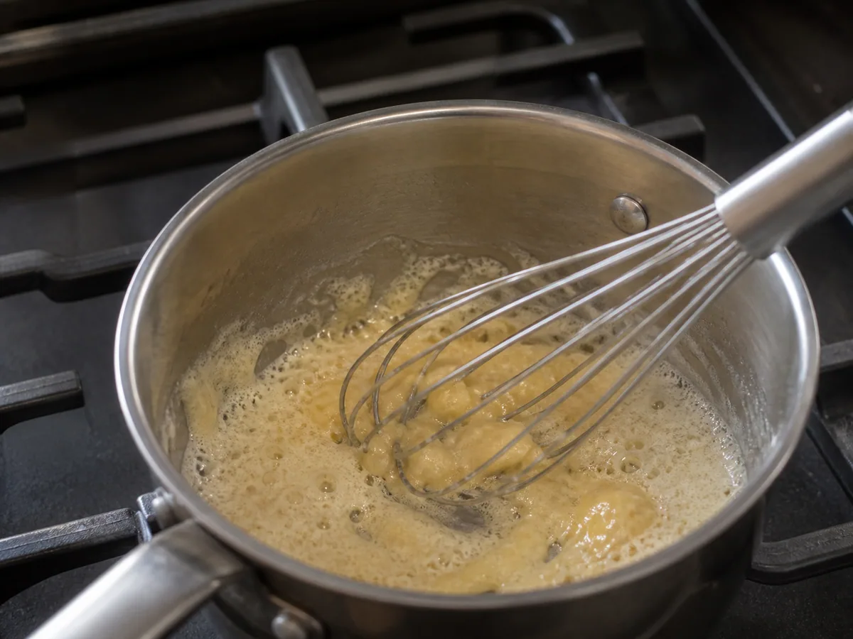 Pale foaming butter and flour roux for croque madame béchamel