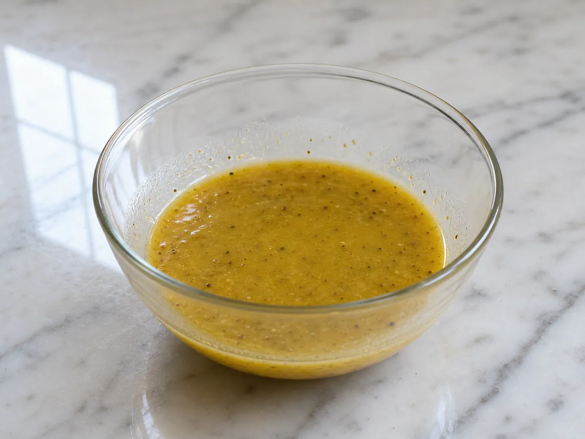 Vinagrete de Dijon levemente emulsionado com chalota picada para a salada francesa de endívias, maçã e nozes