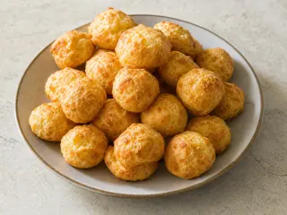 Gougères francesas doradas apiladas en un plato sencillo