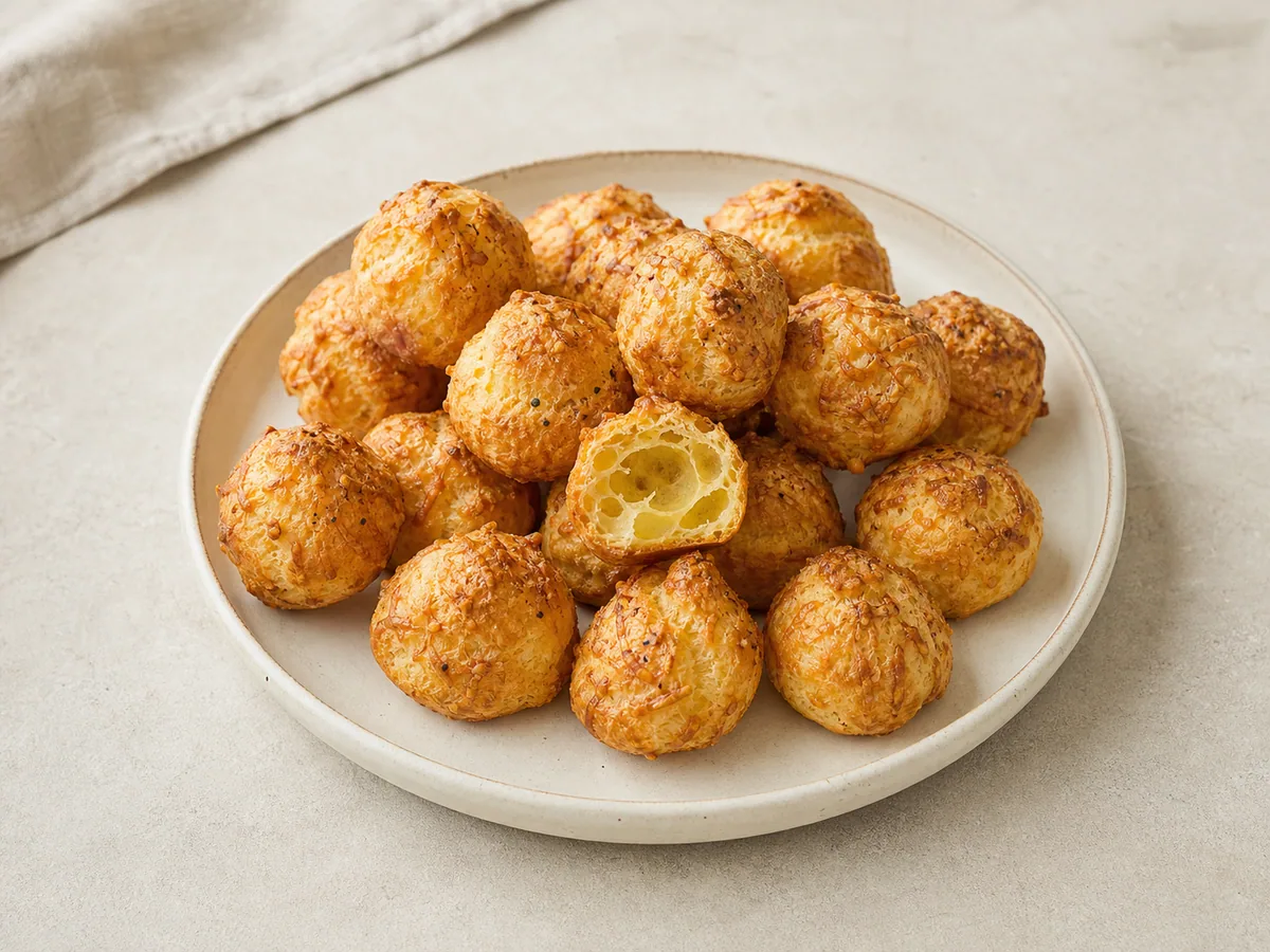 Gougères francesas doradas apiladas en un plato sencillo para servir
