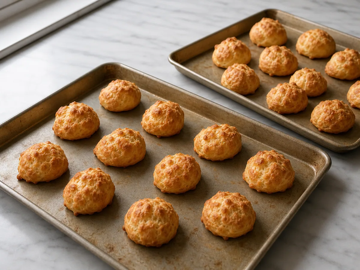 Gougères francesas muy doradas, con un bocadito de prueba completamente cocido que muestra el centro hueco y seco