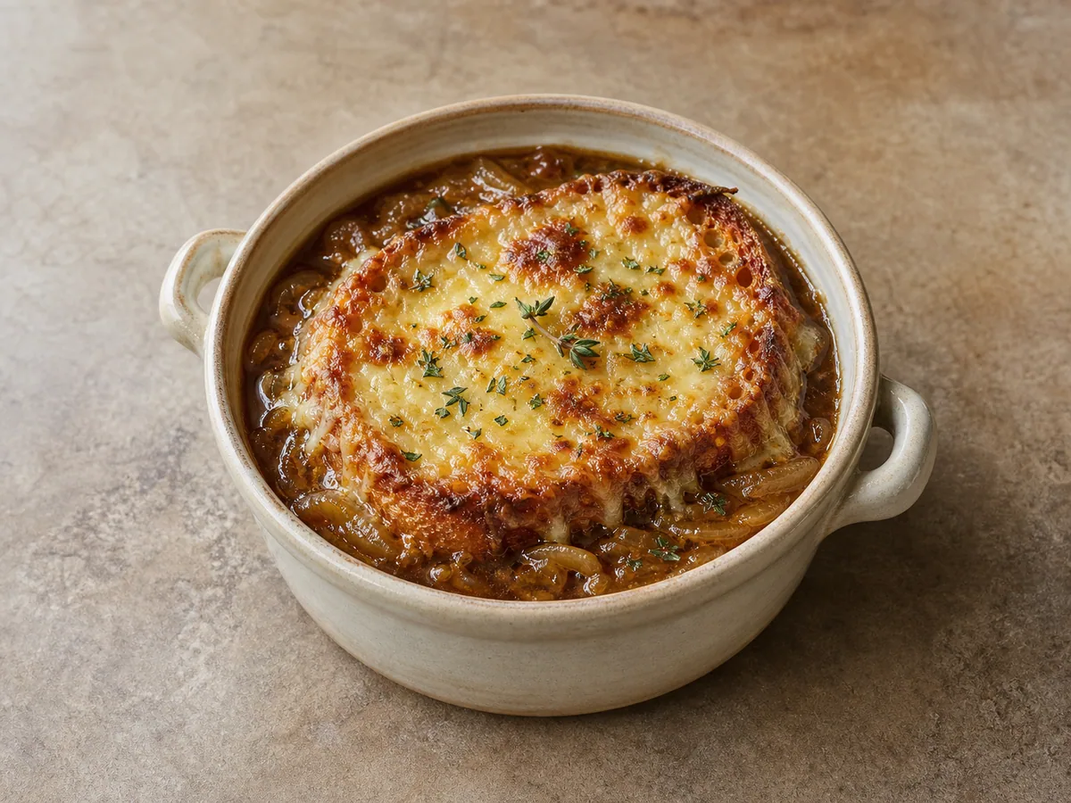 French onion soup topped with baguette and bubbling Gruyere cheese