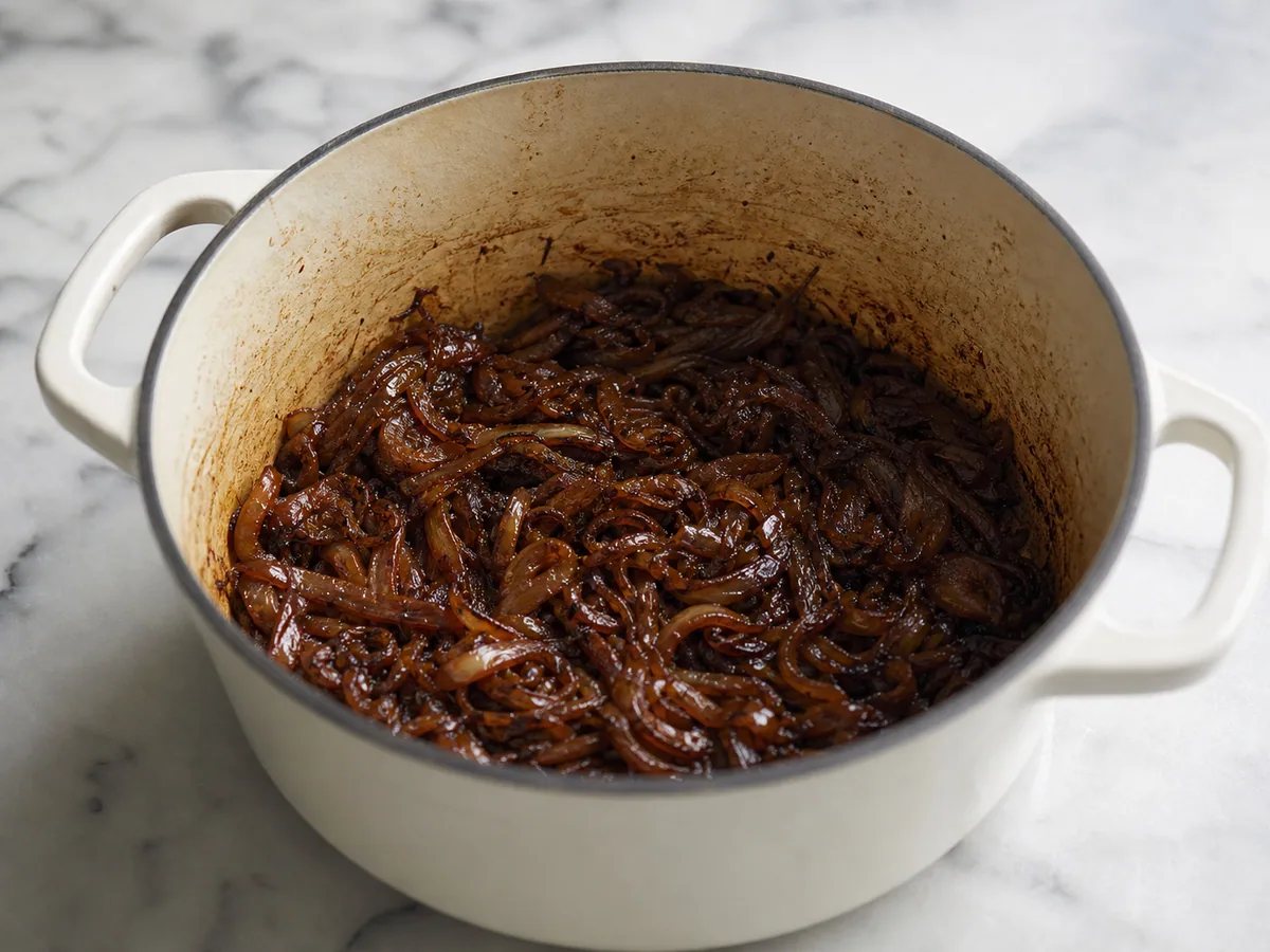 Cebollas caramelizadas de color ámbar intenso en una olla ancha para sopa de cebolla francesa