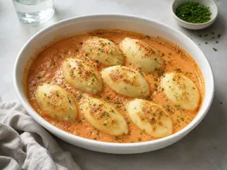Quenelles de lucio infladas, horneadas en salsa cremosa rosada de tomate con parmesano y cebollín