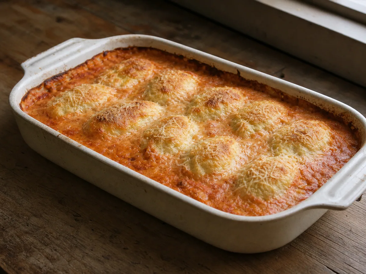 Oito quenelles de lúcio escalfadas dispostas em molho rosado de tomate antes de assar